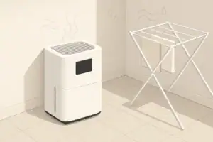 Isometric illustration of a dehumidifier in a quiet laundry room