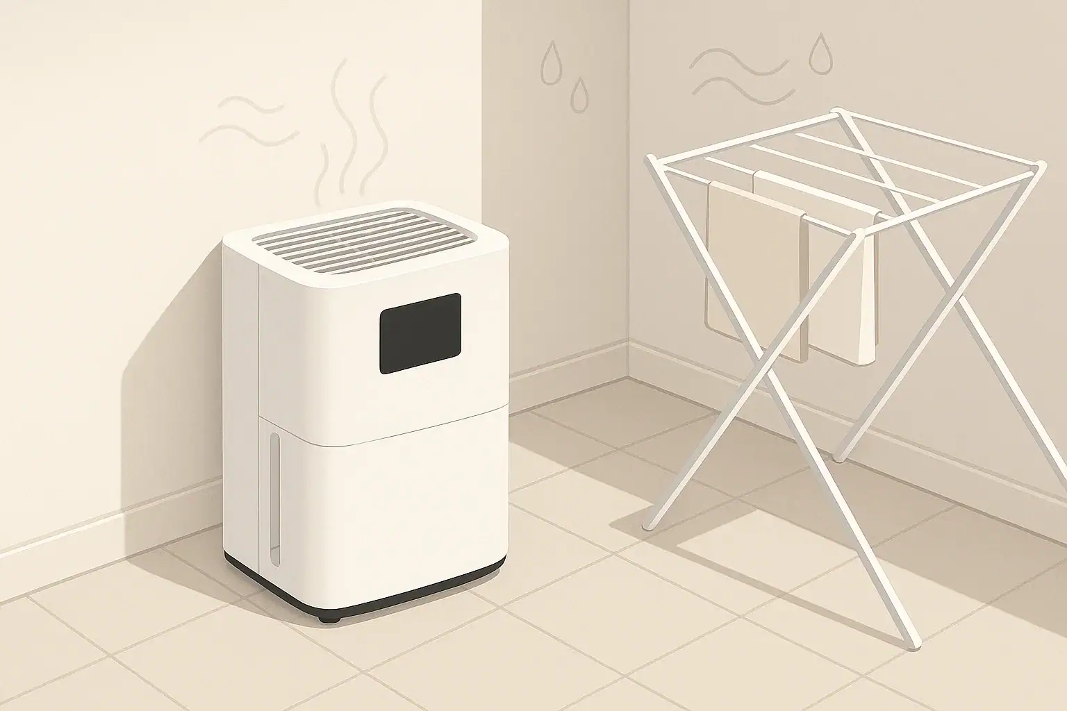Isometric illustration of a dehumidifier in a quiet laundry room