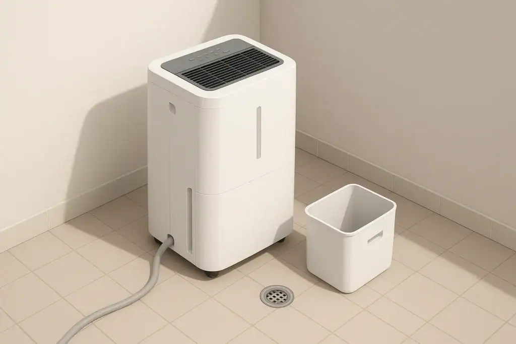Isometric dehumidifier with drain hose and bucket options