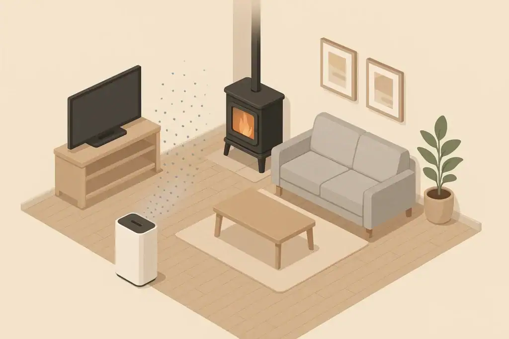 Air purifier reducing particles from a home wood stove