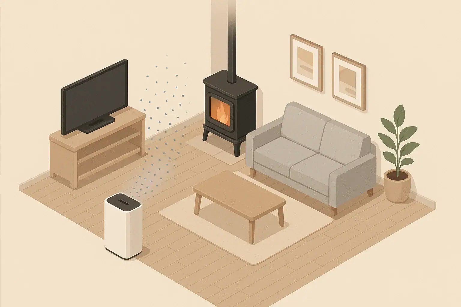 Air purifier reducing particles from a home wood stove