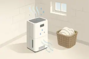 Dehumidifier operating in a cool basement corner in winter
