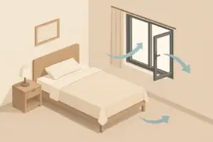 Isometric illustration of a bedroom with window ventilation