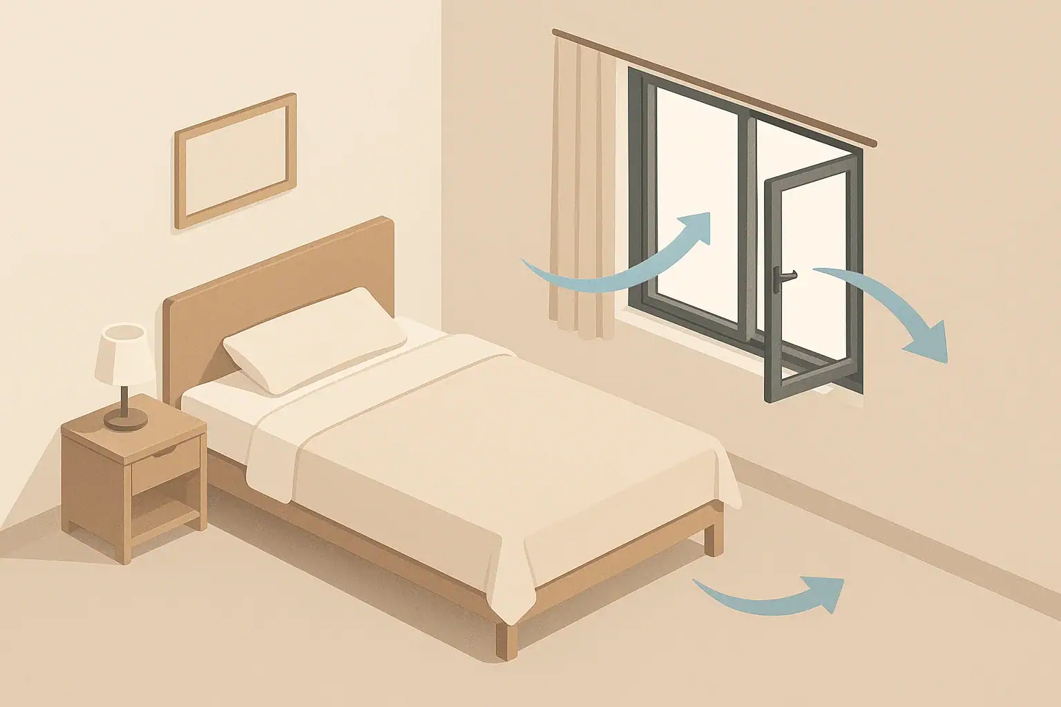 Isometric illustration of a bedroom with window ventilation