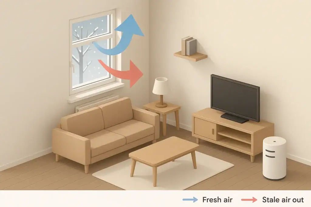 Isometric winter room with window ventilation and air purifier