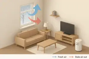 Isometric winter room with window ventilation and air purifier