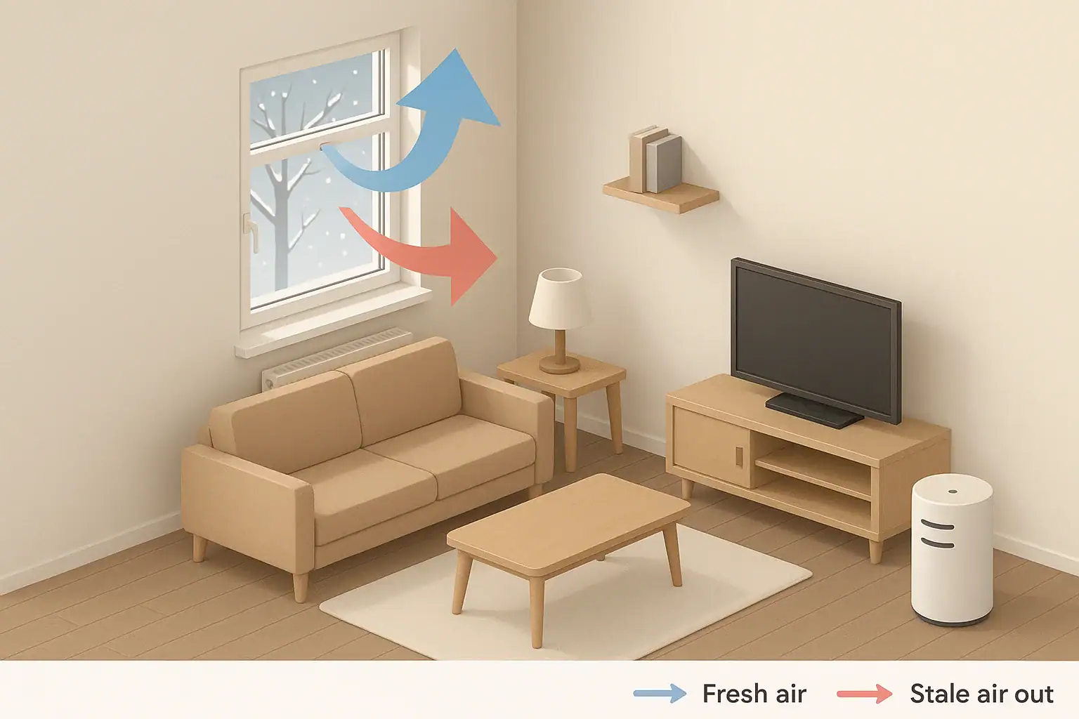 Isometric winter room with window ventilation and air purifier