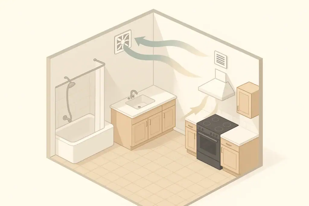 isometric illustration of bathroom and kitchen exhaust ventilation