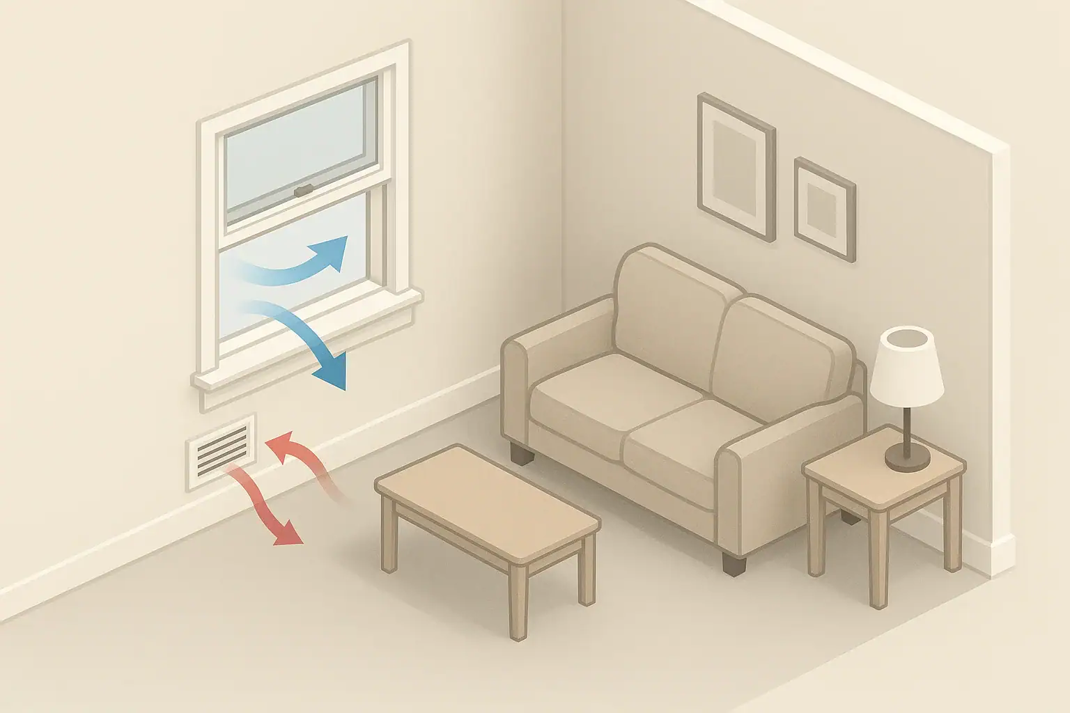 Isometric living room showing simple home ventilation airflow