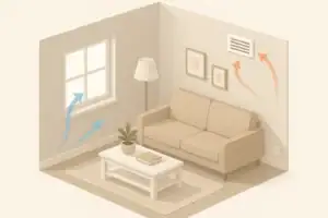 Isometric illustration of home ventilation with fresh air flow