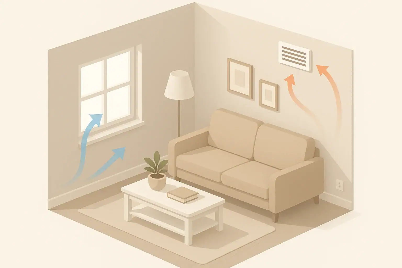 Isometric illustration of home ventilation with fresh air flow