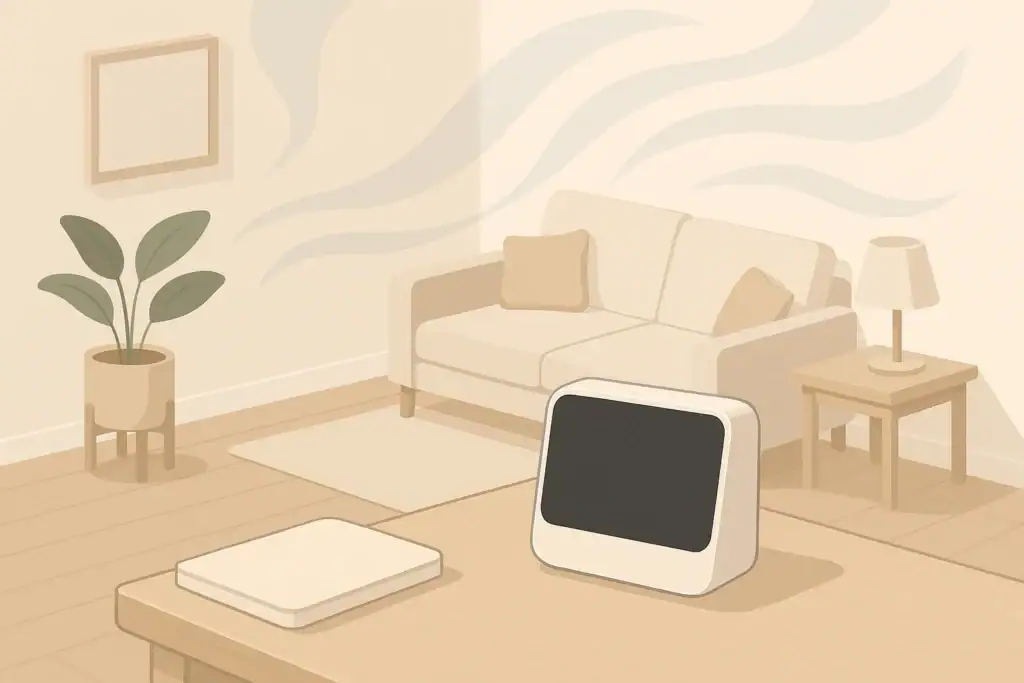 Air quality monitor on living room desk with subtle airflow