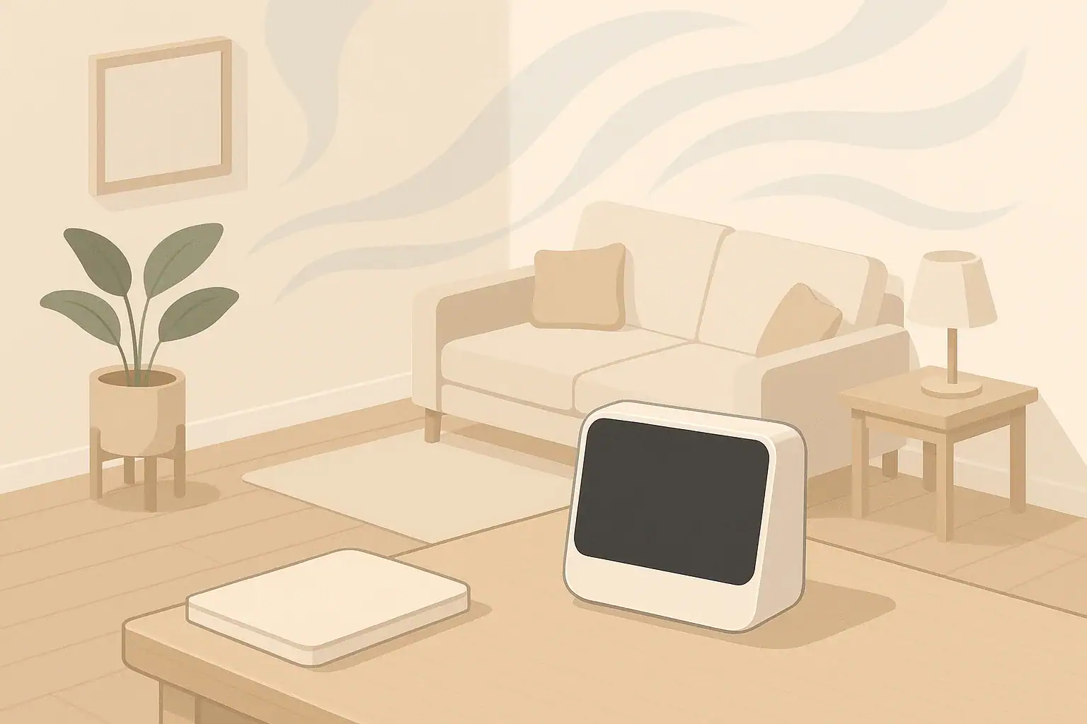 Air quality monitor on living room desk with subtle airflow