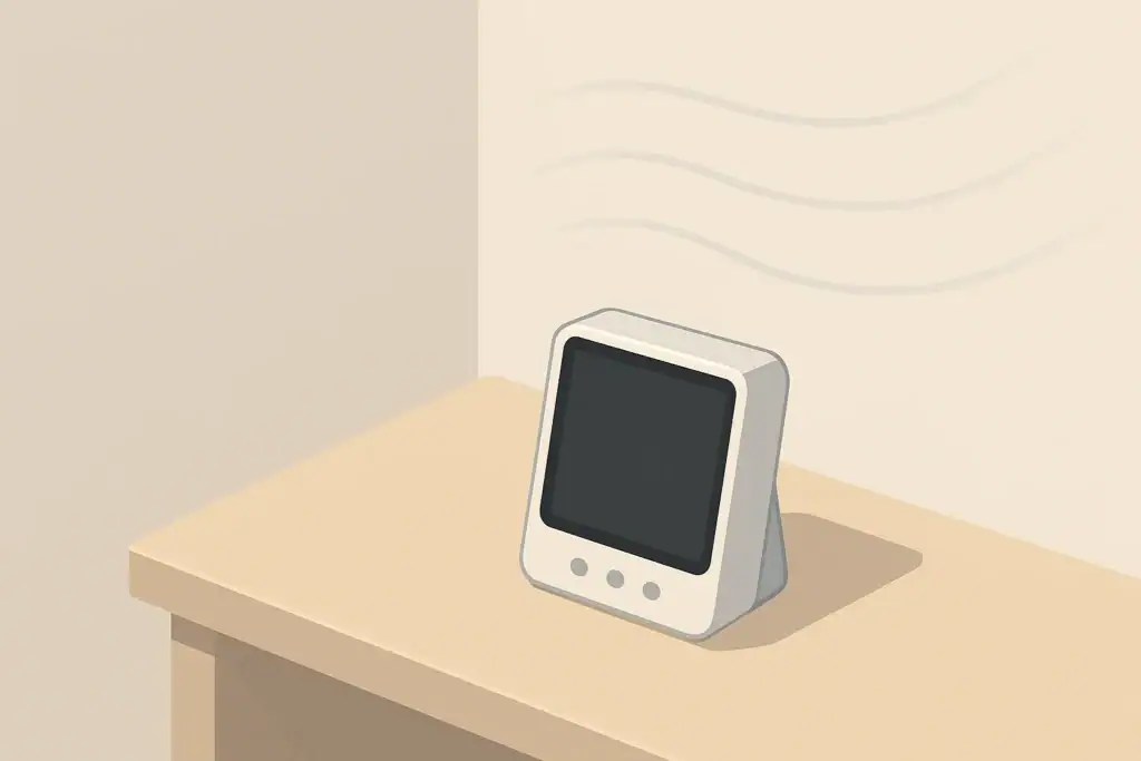 Isometric indoor CO2 monitor on a minimalist desk