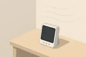 Isometric indoor CO2 monitor on a minimalist desk