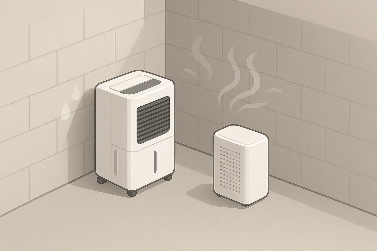 Isometric illustration of dehumidifier managing basement humidity
