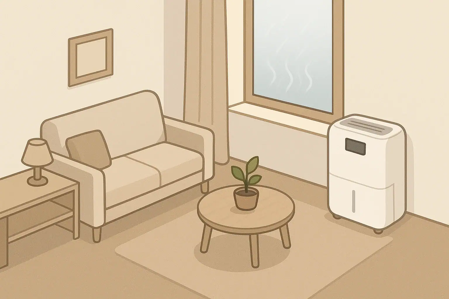 Isometric illustration of dehumidifier near window with moisture