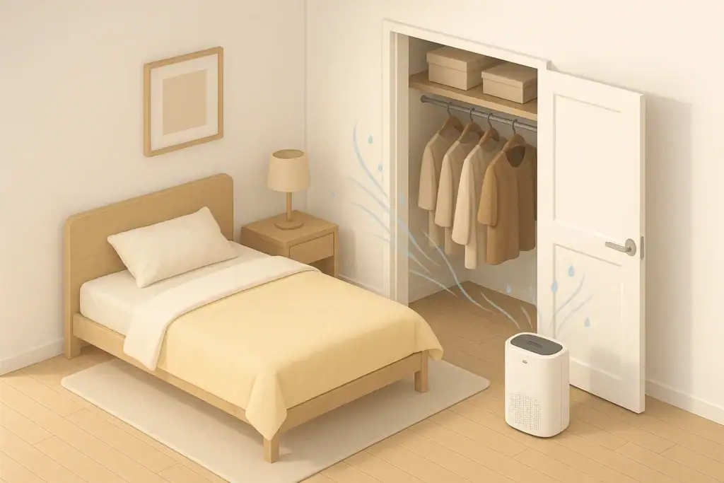 Open closet with dehumidifier reducing moisture and musty odors