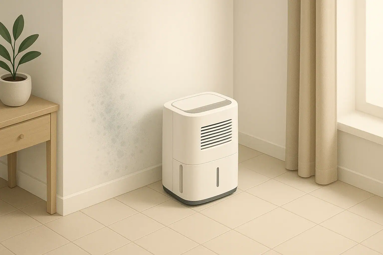 Isometric illustration of dehumidifier in clean room for mold control