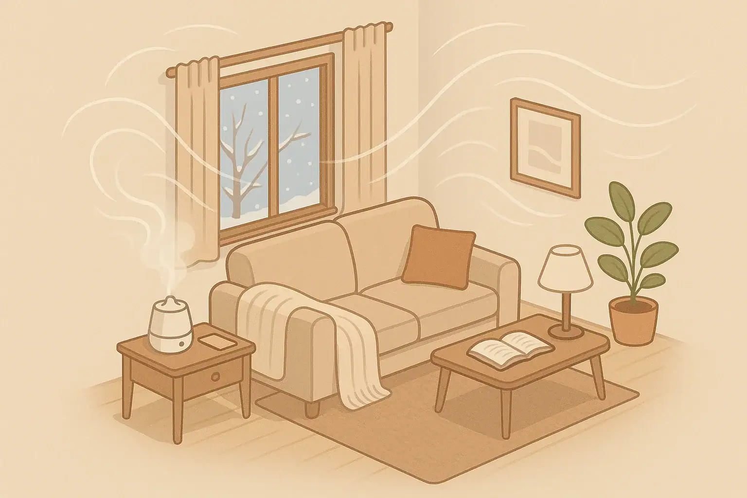 Isometric winter living room with humidifier balancing indoor humidity