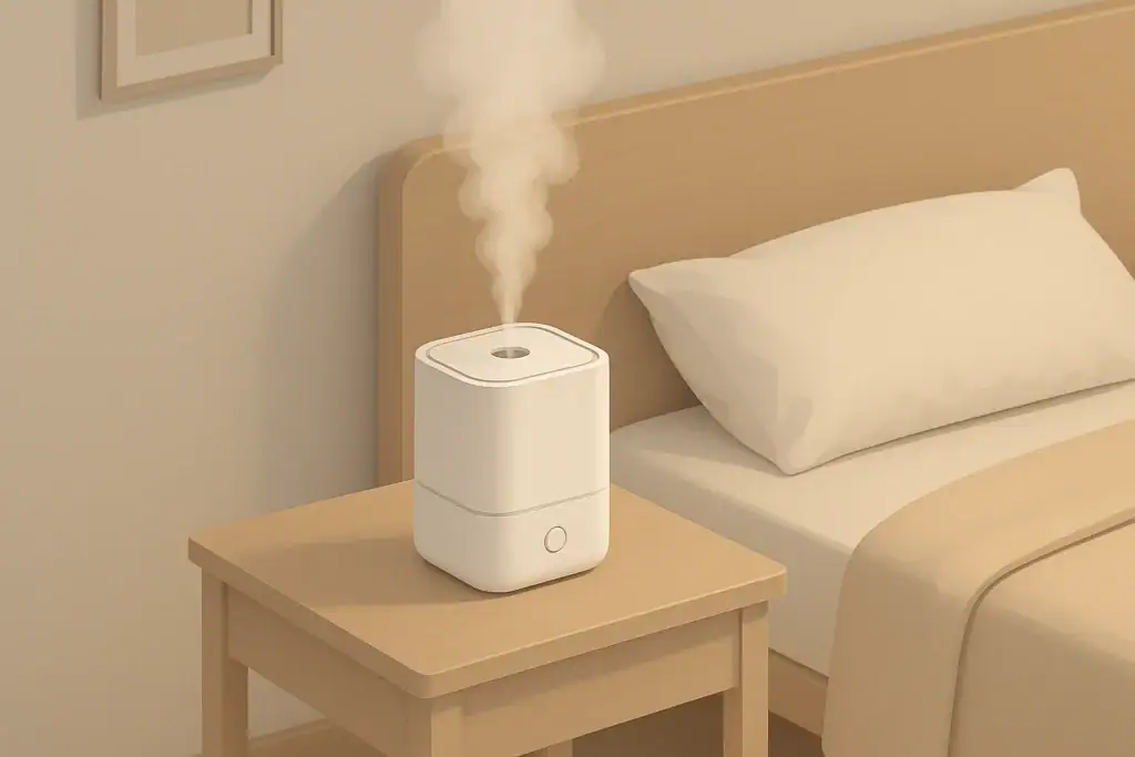 Tabletop humidifier with gentle mist in a tidy bedroom