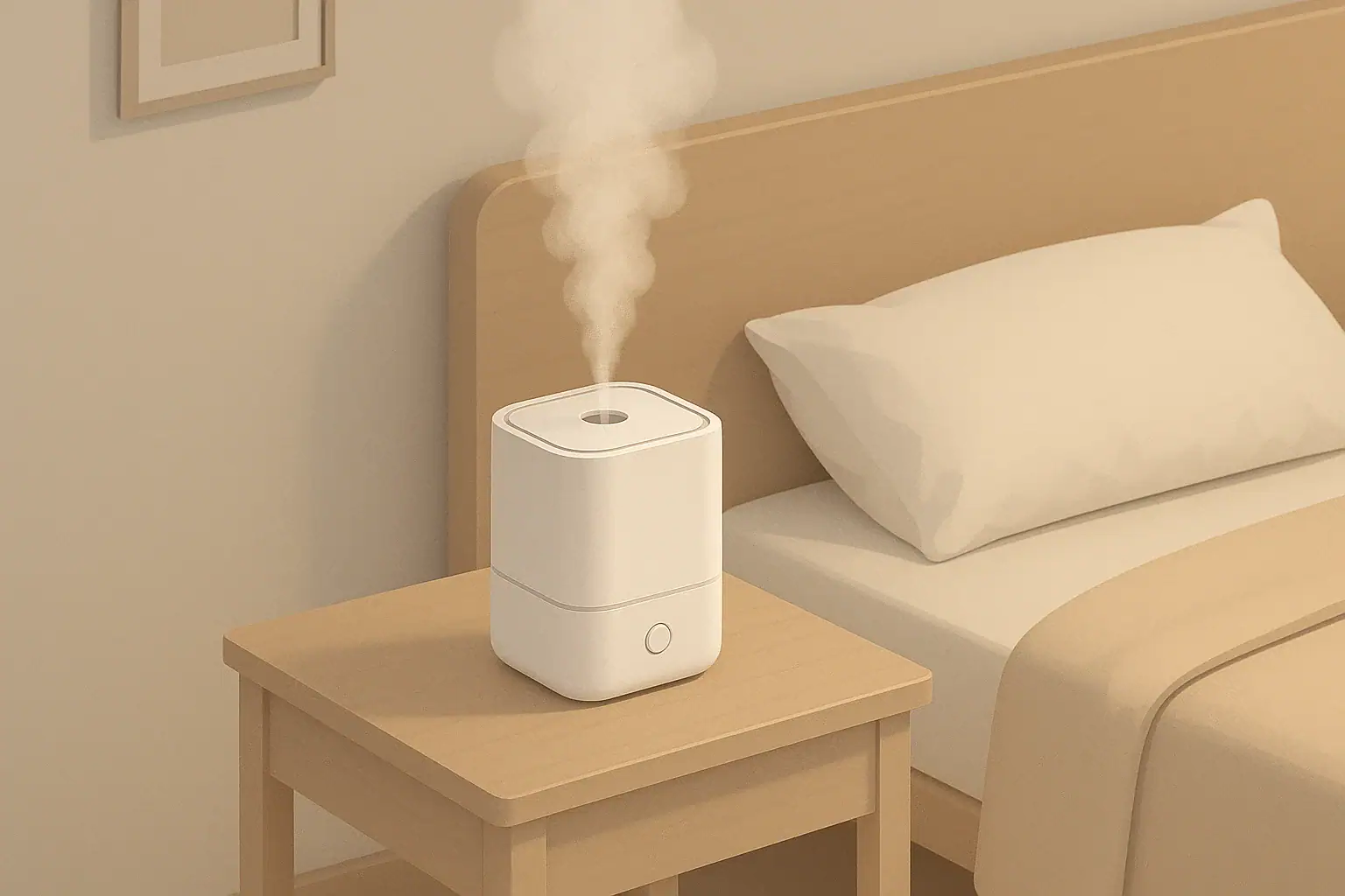 Tabletop humidifier with gentle mist in a tidy bedroom