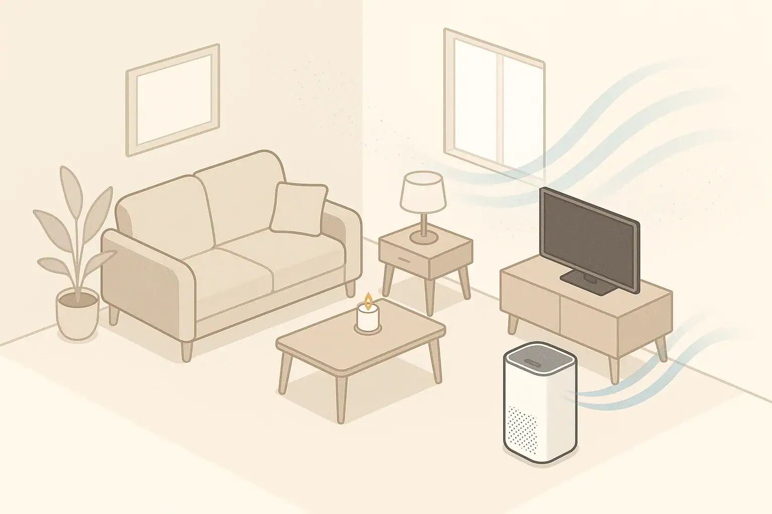 Isometric living room with candle and air purifier