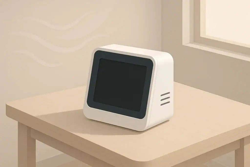Isometric indoor air quality monitor on a minimalist desk