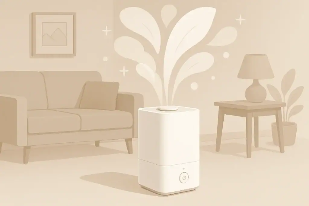 Isometric illustration of a home humidifier in a clean living room