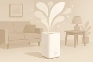 Isometric illustration of a home humidifier in a clean living room