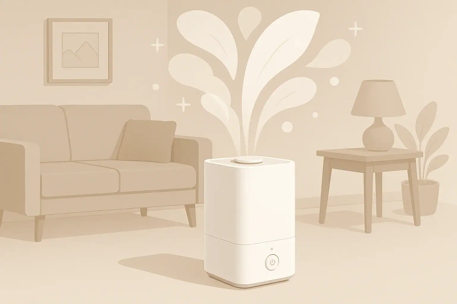 Isometric illustration of a home humidifier in a clean living room