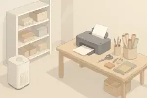 Generic air purifier in a tidy craft room
