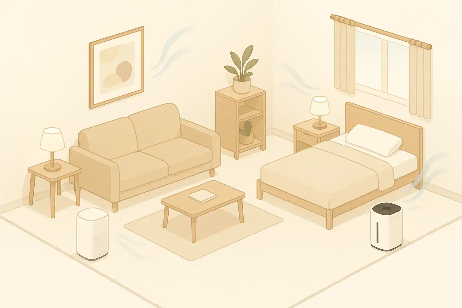 Multiple air purifiers in tidy home rooms