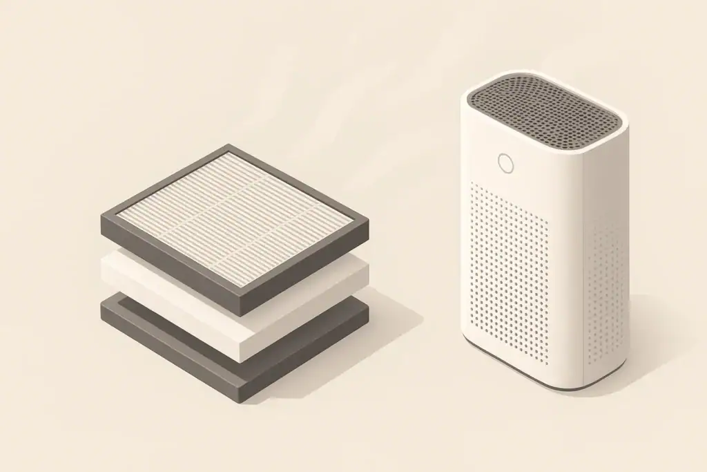Layered HEPA filter media beside air purifier