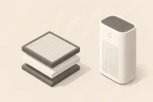 Layered HEPA filter media beside air purifier