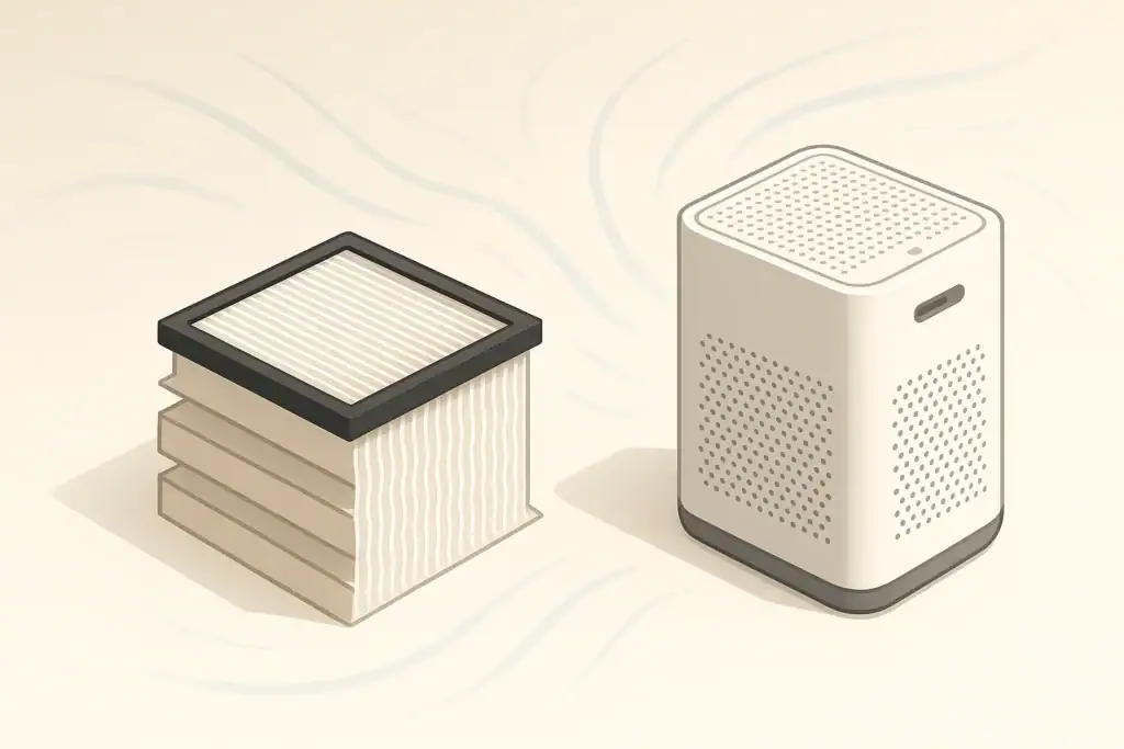 Layered HEPA filter beside a generic air purifier