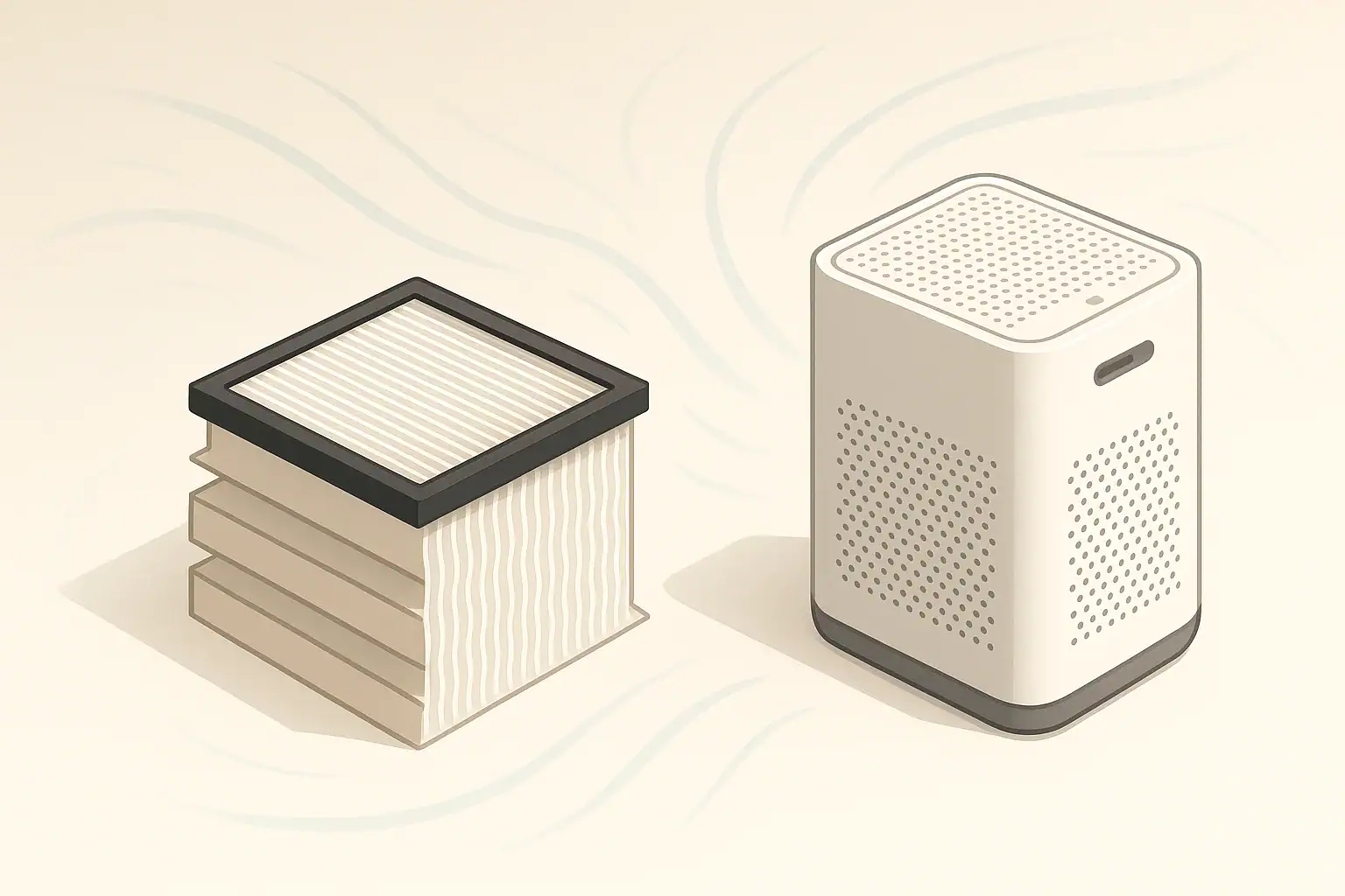 Layered HEPA filter beside a generic air purifier