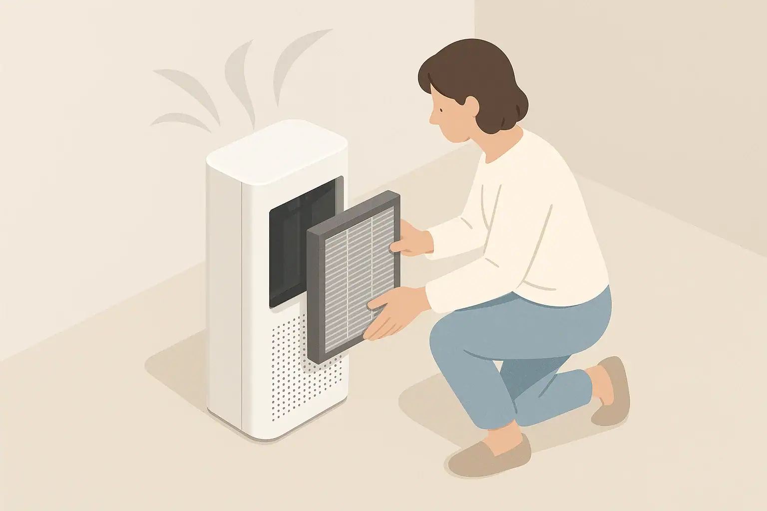 Person removing air purifier filter in a tidy modern room