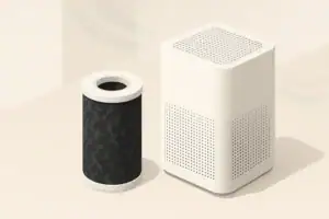 Activated carbon filter cartridge beside a purifier