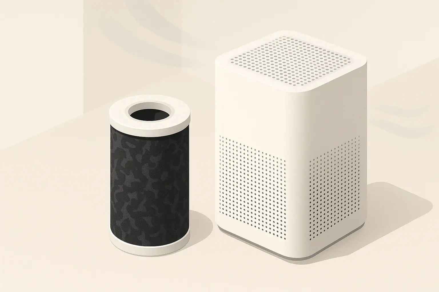 Activated carbon filter cartridge beside a purifier