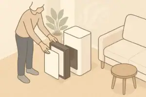 Person removing air purifier filter for replacement
