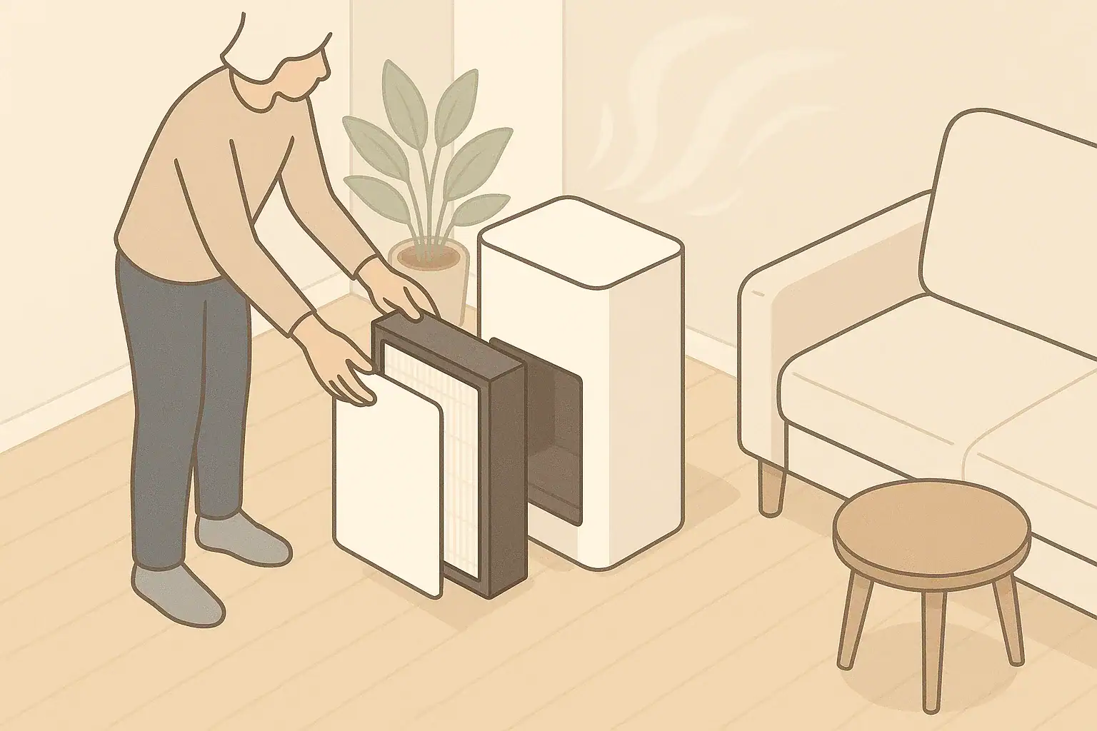 Person removing air purifier filter for replacement