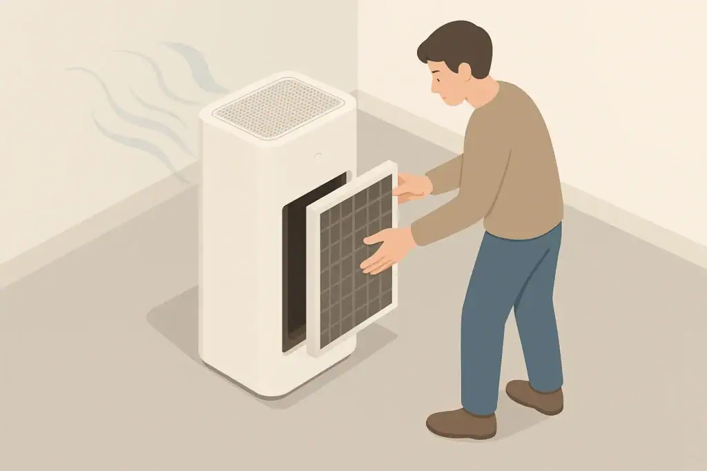 Person gently removing filter from home air purifier for cleaning