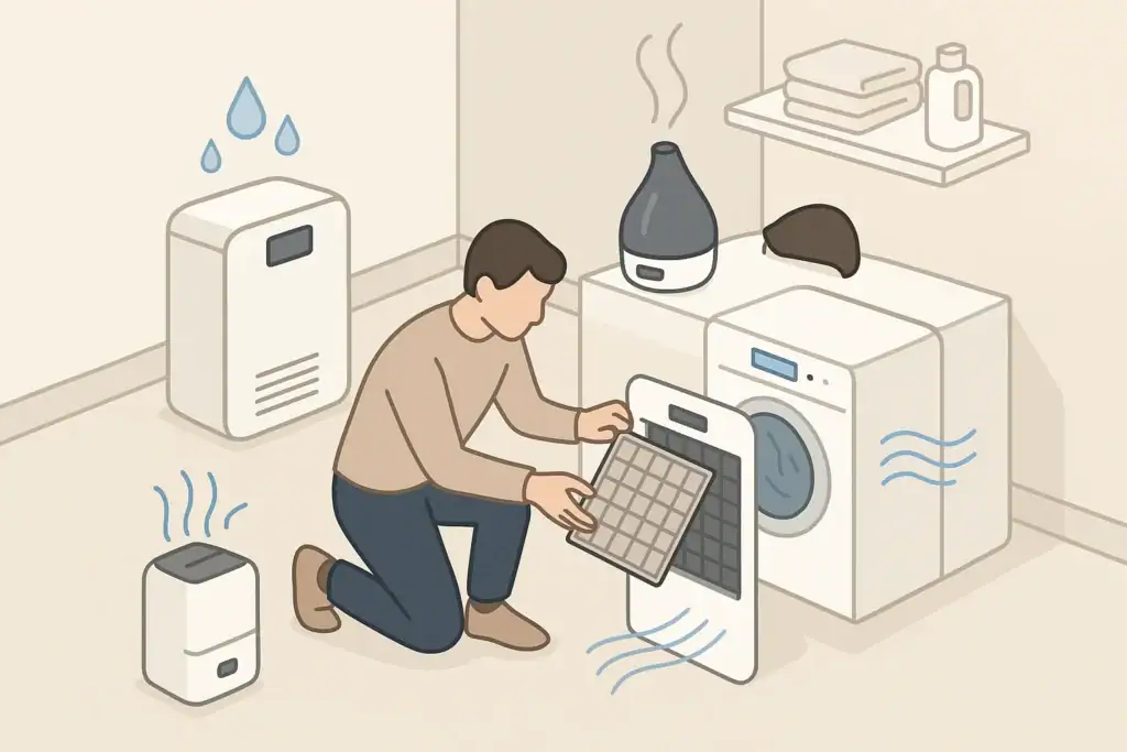 Person removing filter from home air device for seasonal storage