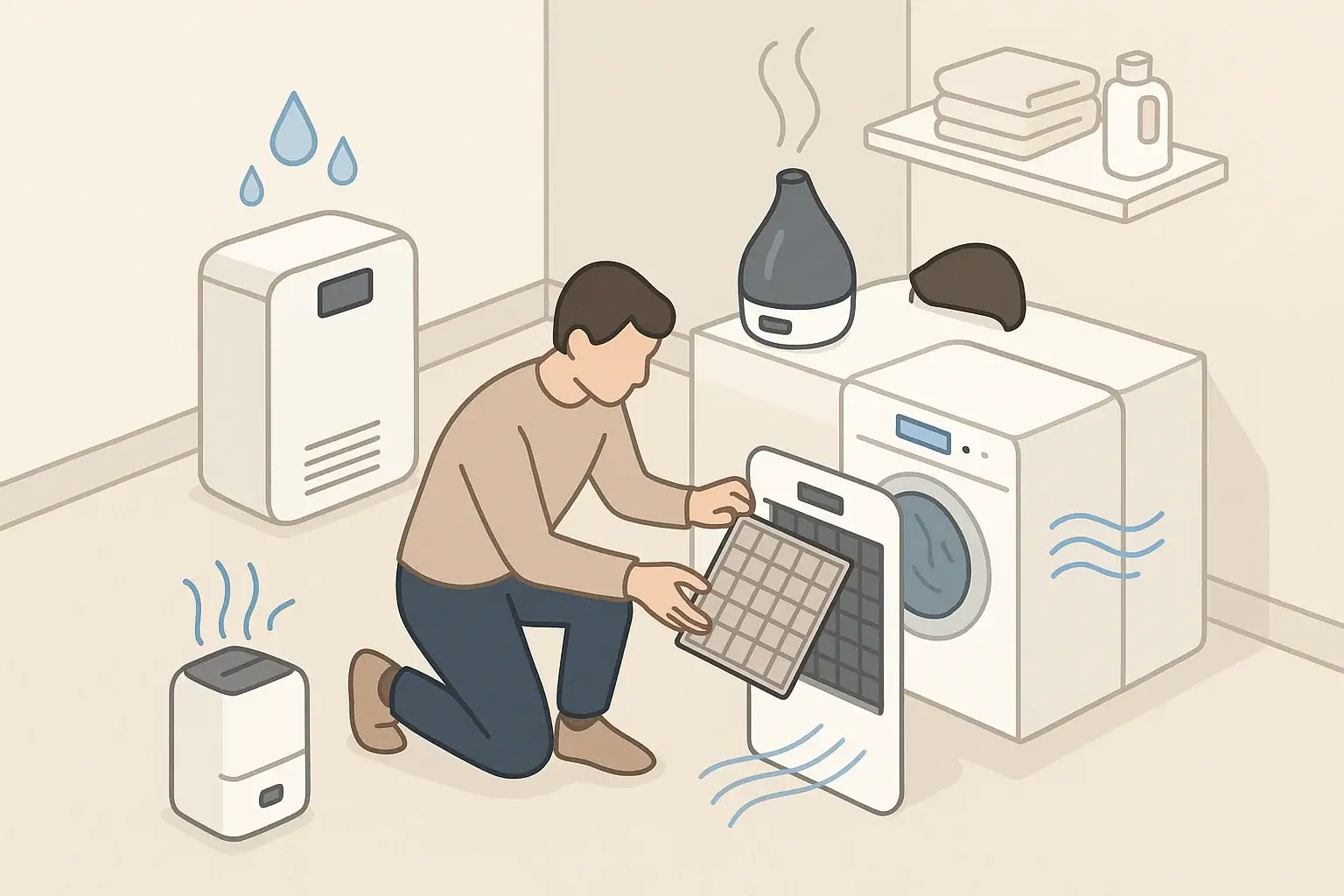 Person removing filter from home air device for seasonal storage