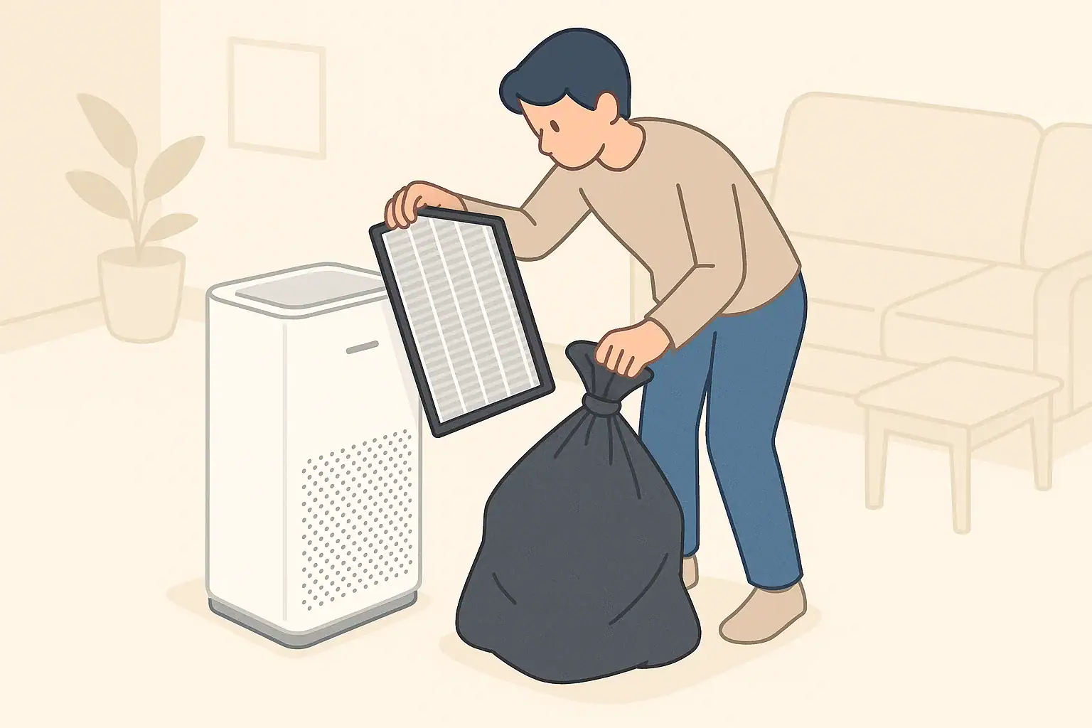 Person safely placing a used air filter into a trash bag