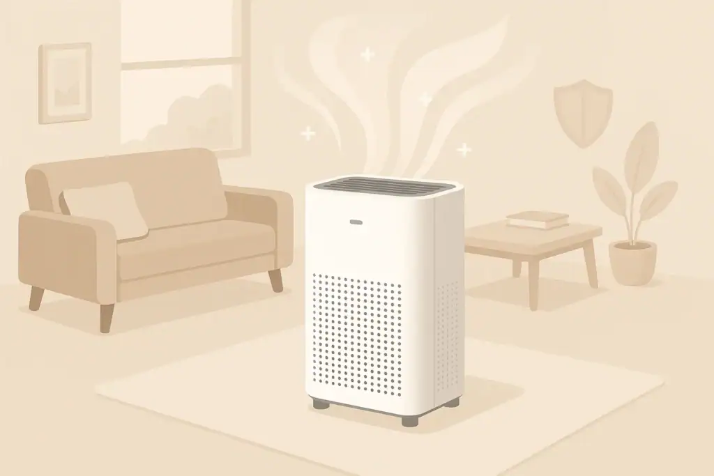 Modern air purifier in living room suggesting ozone-safe operation