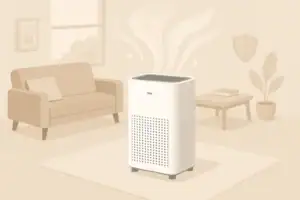 Modern air purifier in living room suggesting ozone-safe operation