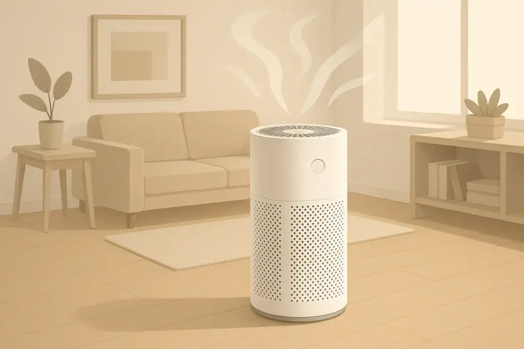 Isometric illustration of air purifier circulating clean air in living room