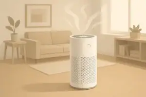 Isometric illustration of air purifier circulating clean air in living room
